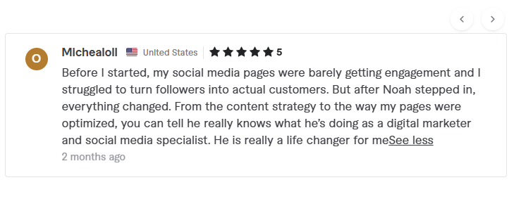 Five-star client review: after Noah stepped in, engagement and the content strategy changed everything